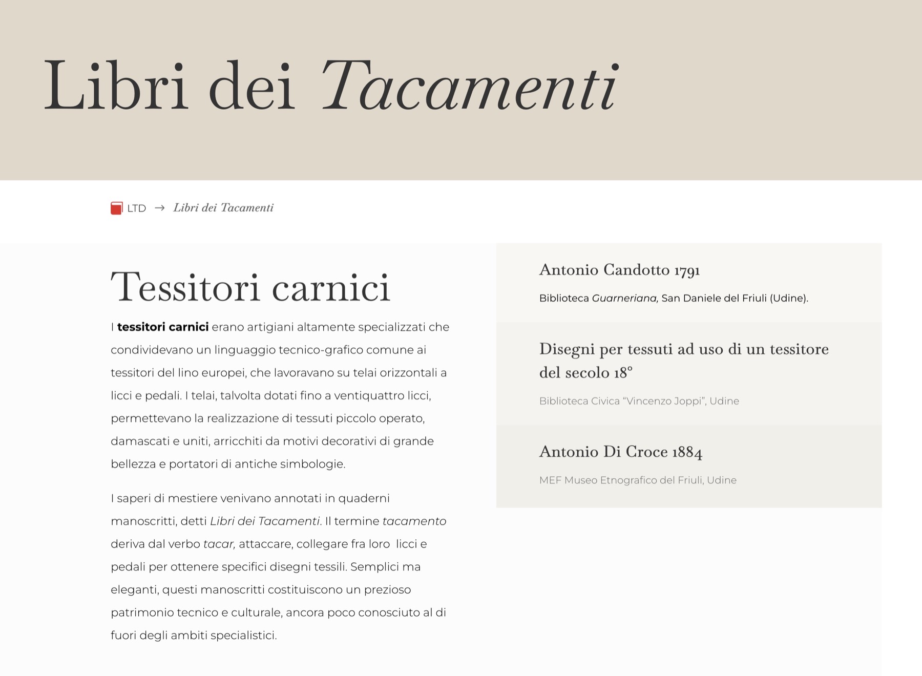 Pagina Libri dei Tacamenti con l’elenco dei manoscritti